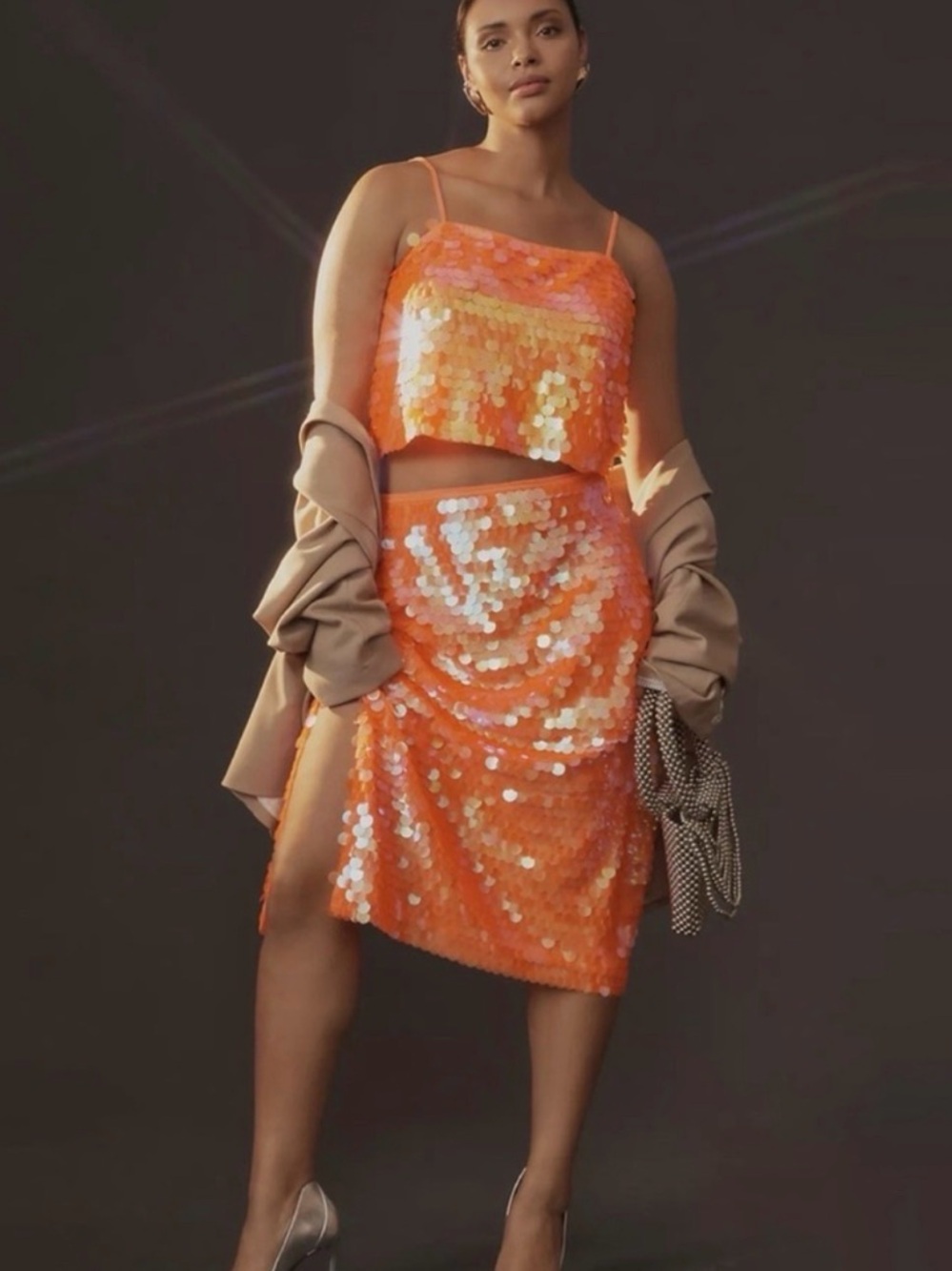 Anthropologie Orange Sequined Midi Skirt